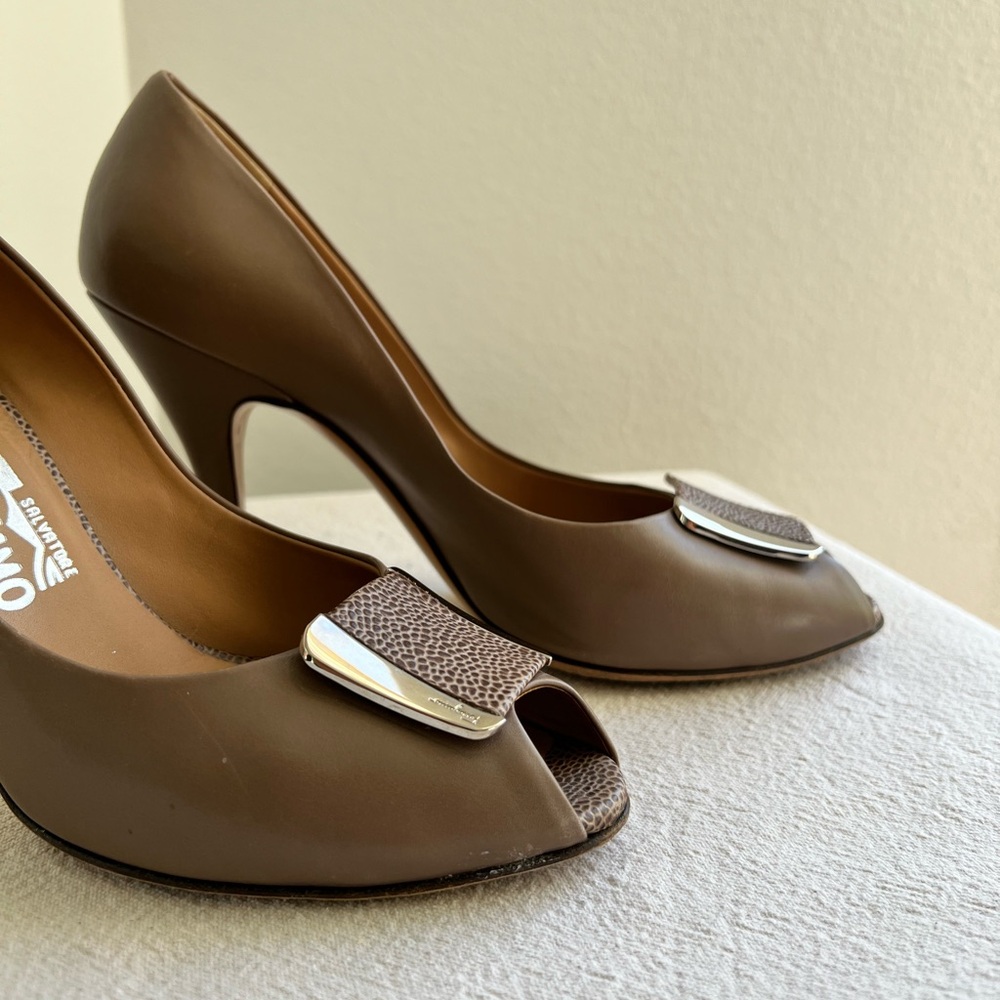 Salvatore Ferragamo tan open toe heels size 8.5